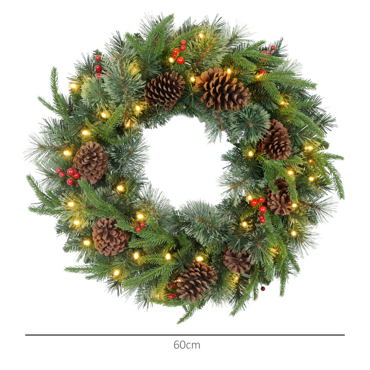 Pre-Lit Christmas Wreath with LED Lights, Pine Cones & Red Berries - Perfect Winter Holiday Decoration for Front Door, Windows & Walls - Premium  from Home Treasures - Just £41.99! Shop now at Home Treasures