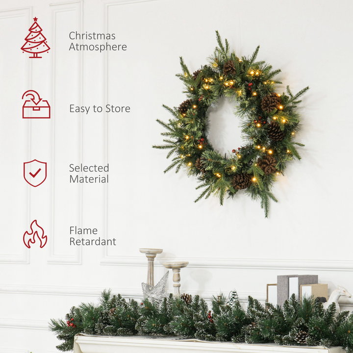 Pre-Lit Christmas Wreath with LED Lights, Pine Cones & Red Berries - Perfect Winter Holiday Decoration for Front Door, Windows & Walls - Premium  from Home Treasures - Just £41.99! Shop now at Home Treasures