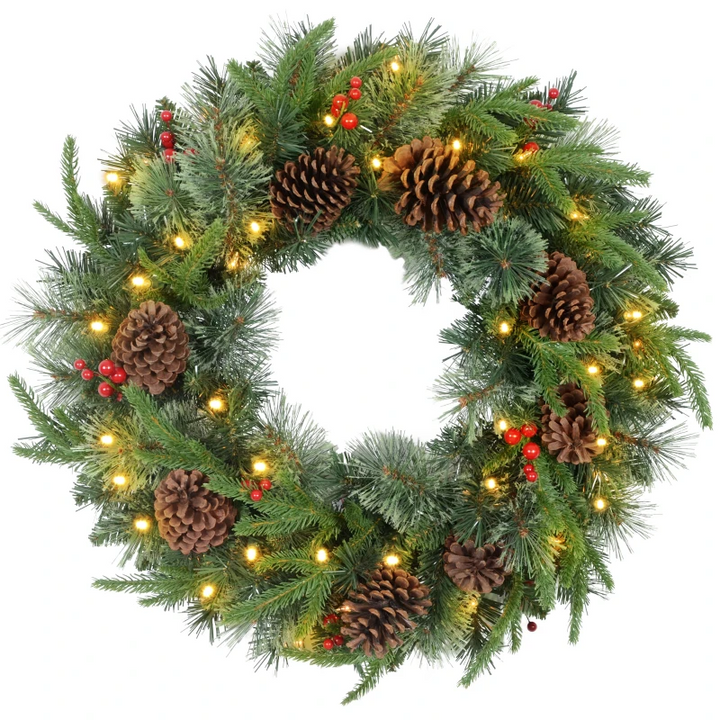 Pre-Lit Christmas Wreath with LED Lights, Pine Cones & Red Berries - Perfect Winter Holiday Decoration for Front Door, Windows & Walls - Premium  from Home Treasures - Just £41.99! Shop now at Home Treasures