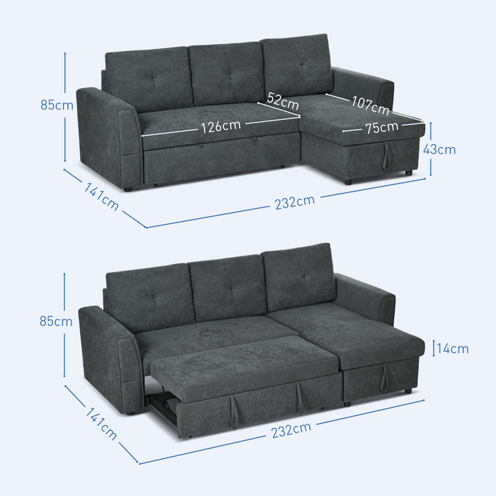 3 Seater L-Shaped Corner Sofa Bed with Storage - Dark Grey Convertible Click Clack Sectional Futon - Premium  from Home Treasures - Just £783.99! Shop now at Home Treasures