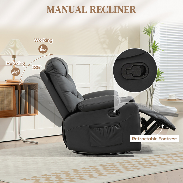 Manual Reclining Chair with 360° Swivel, Faux Leather, Footrest & Cup Holders - Black - Premium  from Home Treasures - Just £357.99! Shop now at Home Treasures