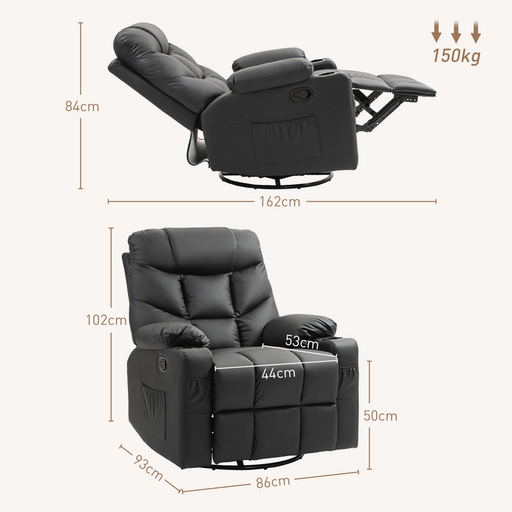 Manual Reclining Chair with 360° Swivel, Faux Leather, Footrest & Cup Holders - Black - Premium  from Home Treasures - Just £357.99! Shop now at Home Treasures