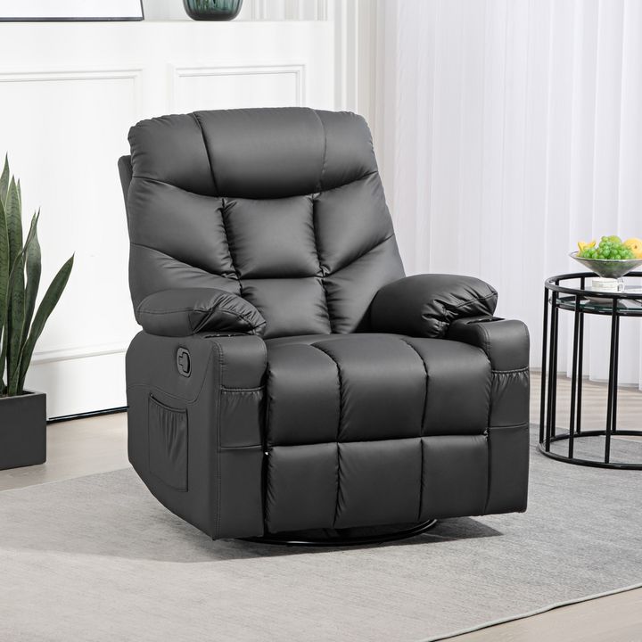 Manual Reclining Chair with 360° Swivel, Faux Leather, Footrest & Cup Holders - Black - Premium  from Home Treasures - Just £357.99! Shop now at Home Treasures