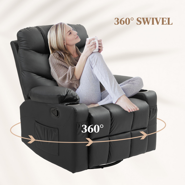 Manual Reclining Chair with 360° Swivel, Faux Leather, Footrest & Cup Holders - Black - Premium  from Home Treasures - Just £357.99! Shop now at Home Treasures