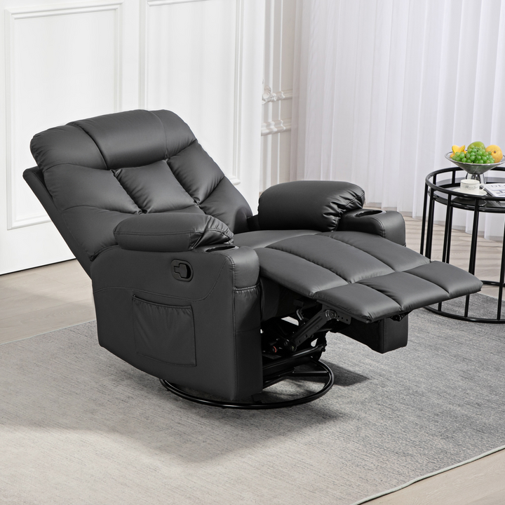 Manual Reclining Chair with 360° Swivel, Faux Leather, Footrest & Cup Holders - Black - Premium  from Home Treasures - Just £357.99! Shop now at Home Treasures