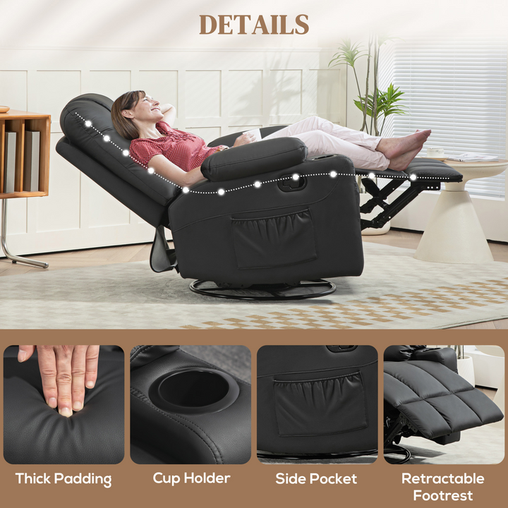 Manual Reclining Chair with 360° Swivel, Faux Leather, Footrest & Cup Holders - Black - Premium  from Home Treasures - Just £357.99! Shop now at Home Treasures