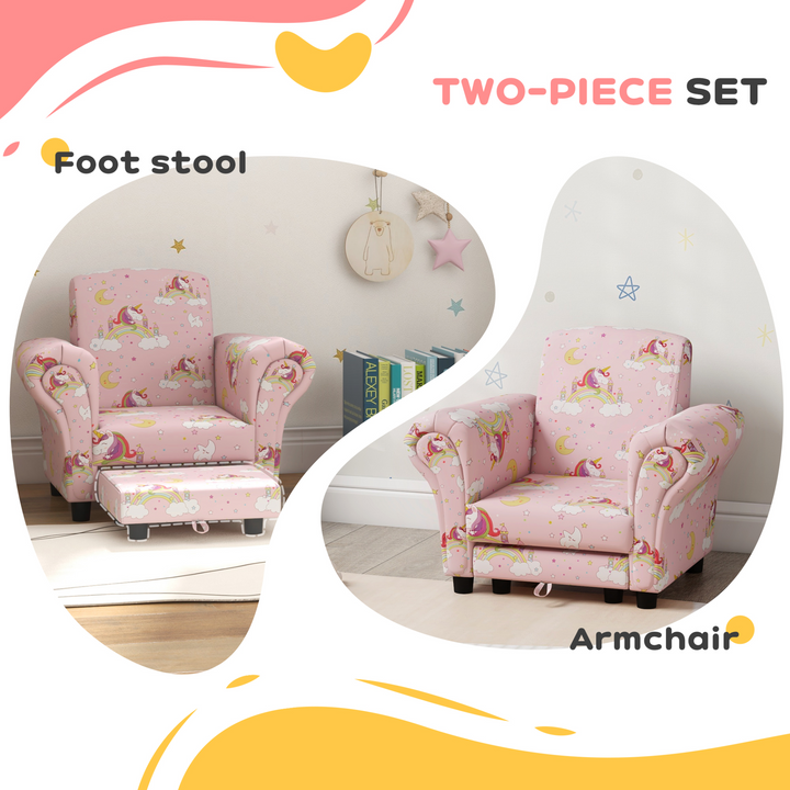 AIYAPLAY Kids Sofa Set - 2 Piece Unicorn Design, Comfy Armchair & Stool for Toddlers, Ages 1.5-3, Pink - Premium  from Home Treasures - Just £78.99! Shop now at Home Treasures