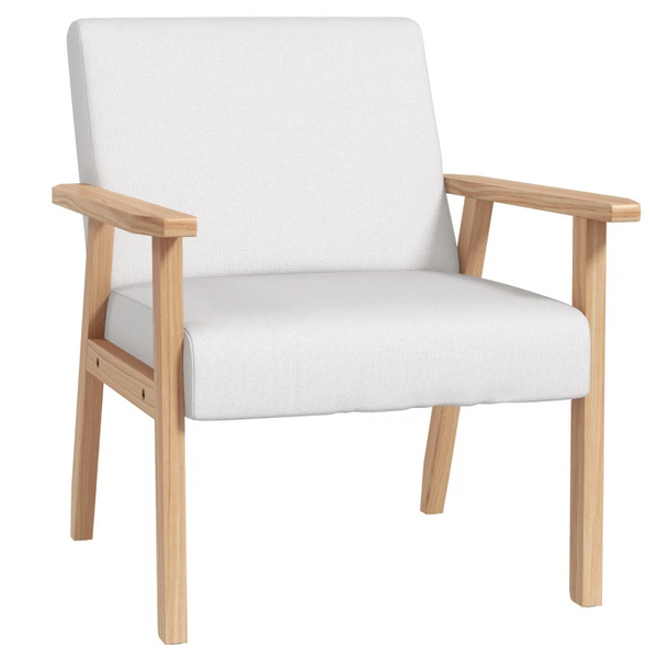 Cream White Accent Chair with Wood Frame & Thick Linen Cushions - Ideal for Home, Bedroom, Office - Premium  from Home Treasures - Just £109.99! Shop now at Home Treasures