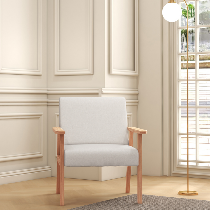 Cream White Accent Chair with Wood Frame & Thick Linen Cushions - Ideal for Home, Bedroom, Office - Premium  from Home Treasures - Just £109.99! Shop now at Home Treasures