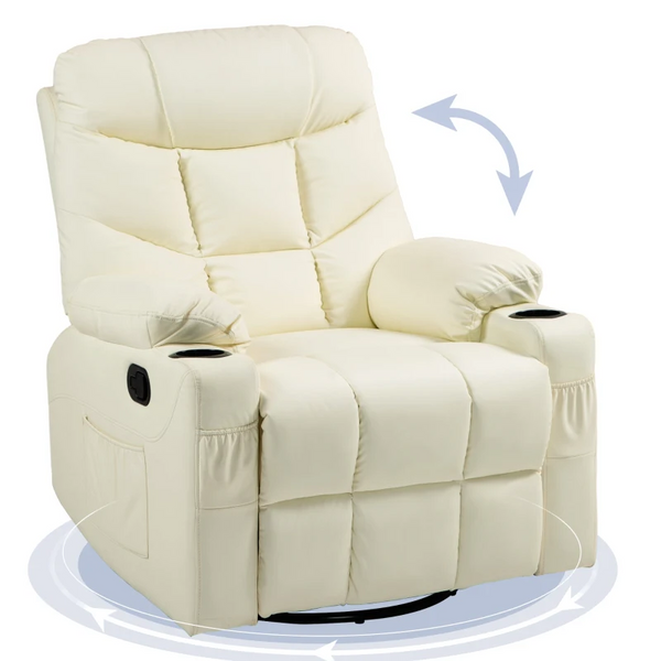 Luxurious Manual Reclining Chair with 360° Swivel, Faux Leather & Cup Holders - Cream, 86x93x102cm - Premium  from Home Treasures - Just £303.99! Shop now at Home Treasures