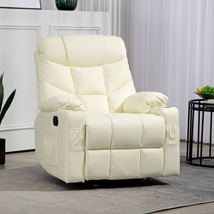 Luxurious Manual Reclining Chair with 360° Swivel, Faux Leather & Cup Holders - Cream, 86x93x102cm - Premium  from Home Treasures - Just £303.99! Shop now at Home Treasures