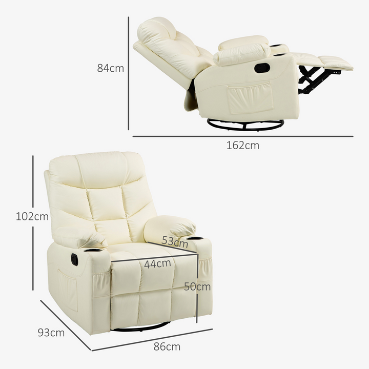 Luxurious Manual Reclining Chair with 360° Swivel, Faux Leather & Cup Holders - Cream, 86x93x102cm - Premium  from Home Treasures - Just £303.99! Shop now at Home Treasures