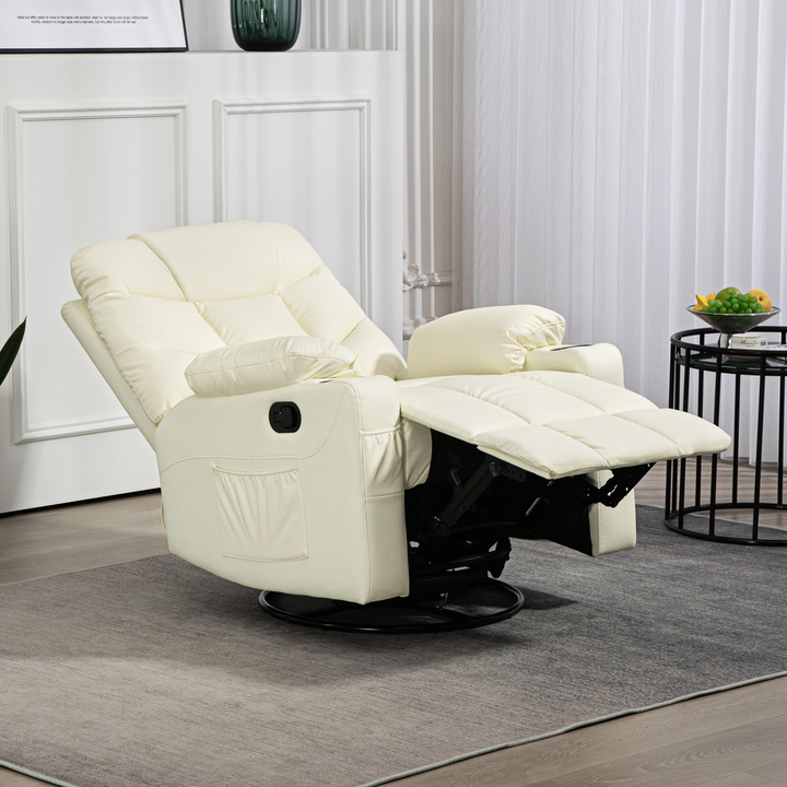 Luxurious Manual Reclining Chair with 360° Swivel, Faux Leather & Cup Holders - Cream, 86x93x102cm - Premium  from Home Treasures - Just £303.99! Shop now at Home Treasures