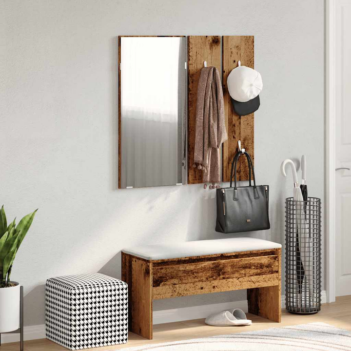 Rustic Hallway Furniture Set - Engineered Wood Storage Bench, Mirror & Coat Rack Panels - Premium  from Home Treasures - Just £94.99! Shop now at Home Treasures