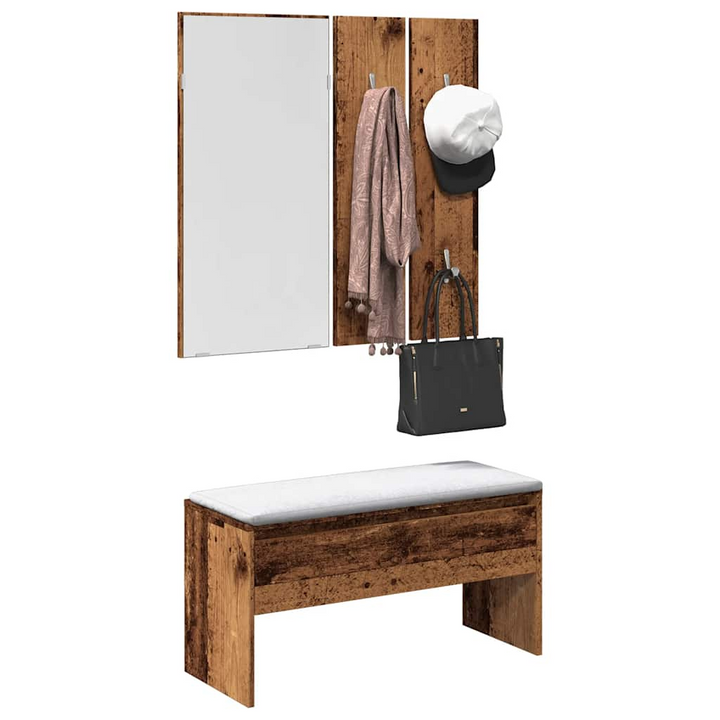 Rustic Hallway Furniture Set - Engineered Wood Storage Bench, Mirror & Coat Rack Panels - Premium  from Home Treasures - Just £94.99! Shop now at Home Treasures