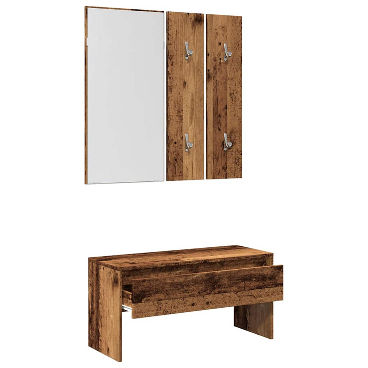 Rustic Hallway Furniture Set - Engineered Wood Storage Bench, Mirror & Coat Rack Panels - Premium  from Home Treasures - Just £94.99! Shop now at Home Treasures