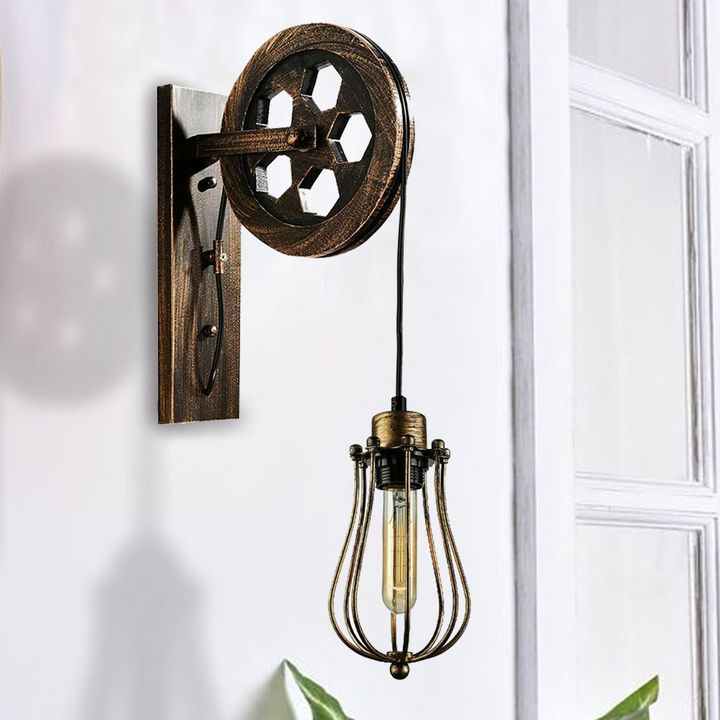 Retro/Industrial Pulley Wheel Wall Light with Metal Balloon Cage Shade - Adjustable Height, Antique Finish, Ideal for Indoor Spaces - Premium  from Home Treasures - Just £23.99! Shop now at Home Treasures