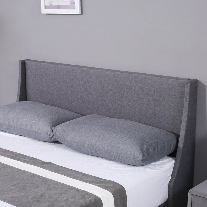 Soft Linen Double Bed in Grey - Upholstered Bed with Winged Headboard, Wood Slat Support - Premium Beds, Frames &amp; Bases from Home Treasures - Just £226.92! Shop now at Home Treasures