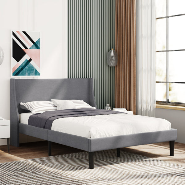 Double Bed Soft Linen Grey 4FT6 Upholstered Bed  with Winged Headboard, Wood Slat Support - Premium Beds, Frames &amp; Bases from Home Treasures - Just £226.92! Shop now at Home Treasures