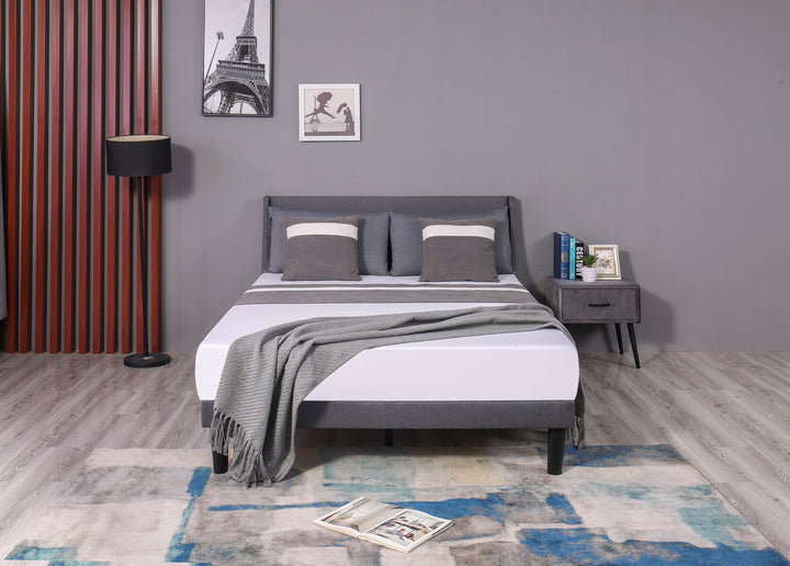 Soft Linen Double Bed in Grey - Upholstered Bed with Winged Headboard, Wood Slat Support - Premium Beds, Frames &amp; Bases from Home Treasures - Just £226.92! Shop now at Home Treasures