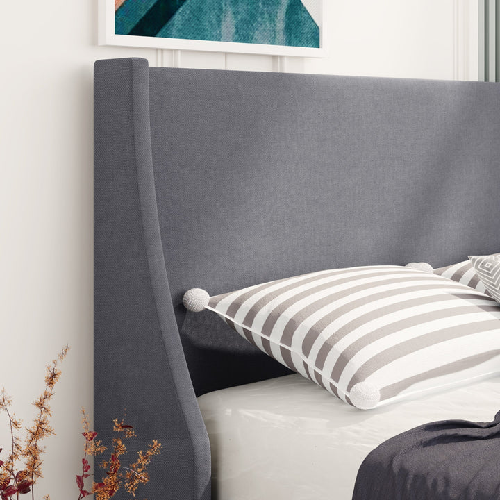 Soft Linen Double Bed in Grey - Upholstered Bed with Winged Headboard, Wood Slat Support - Premium Beds, Frames &amp; Bases from Home Treasures - Just £226.92! Shop now at Home Treasures