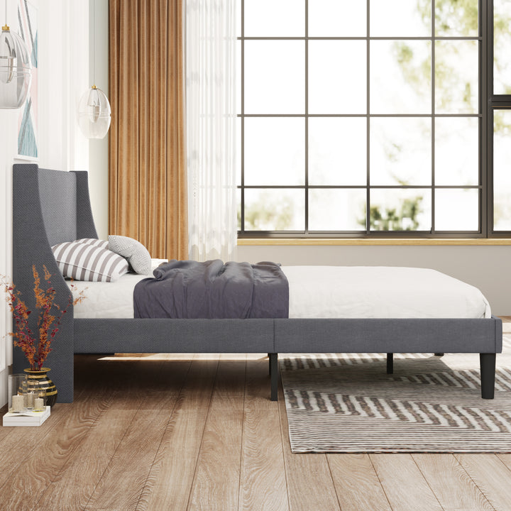 Soft Linen Double Bed in Grey - Upholstered Bed with Winged Headboard, Wood Slat Support - Premium Beds, Frames &amp; Bases from Home Treasures - Just £226.92! Shop now at Home Treasures