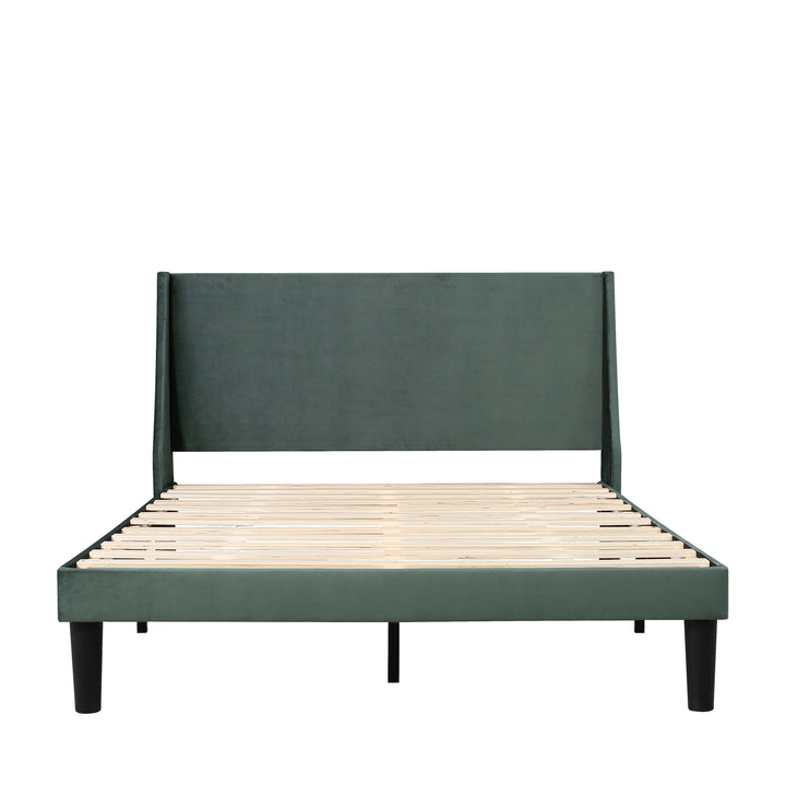 Double Bed Velvet Moss Green 4FT6 Upholstered Bed with Winged Headboard, Wood Slat Support - Premium Beds, Frames &amp; Bases from Home Treasures - Just £233.82! Shop now at Home Treasures