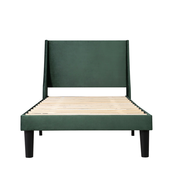 Single Bed Velvet Moss Green 3FT Upholstered Bed  with Winged Headboard, Wood Slat Support - Premium Beds, Frames &amp; Bases from Home Treasures - Just £170.20! Shop now at Home Treasures