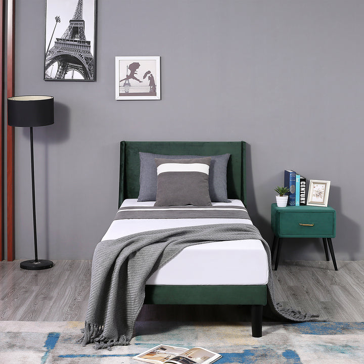 Single Bed Velvet Moss Green 3FT Upholstered Bed  with Winged Headboard, Wood Slat Support - Premium Beds, Frames &amp; Bases from Home Treasures - Just £170.20! Shop now at Home Treasures