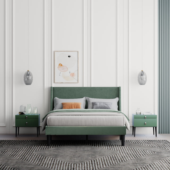 Double Bed Velvet Moss Green 4FT6 Upholstered Bed with Winged Headboard, Wood Slat Support - Premium Beds, Frames &amp; Bases from Home Treasures - Just £233.82! Shop now at Home Treasures