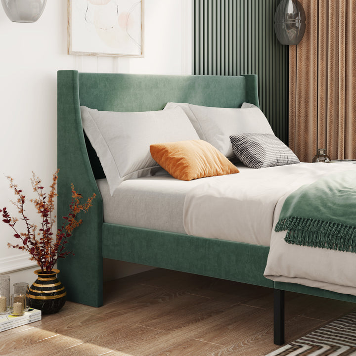 Double Bed Velvet Moss Green 4FT6 Upholstered Bed with Winged Headboard, Wood Slat Support - Premium Beds, Frames &amp; Bases from Home Treasures - Just £233.82! Shop now at Home Treasures