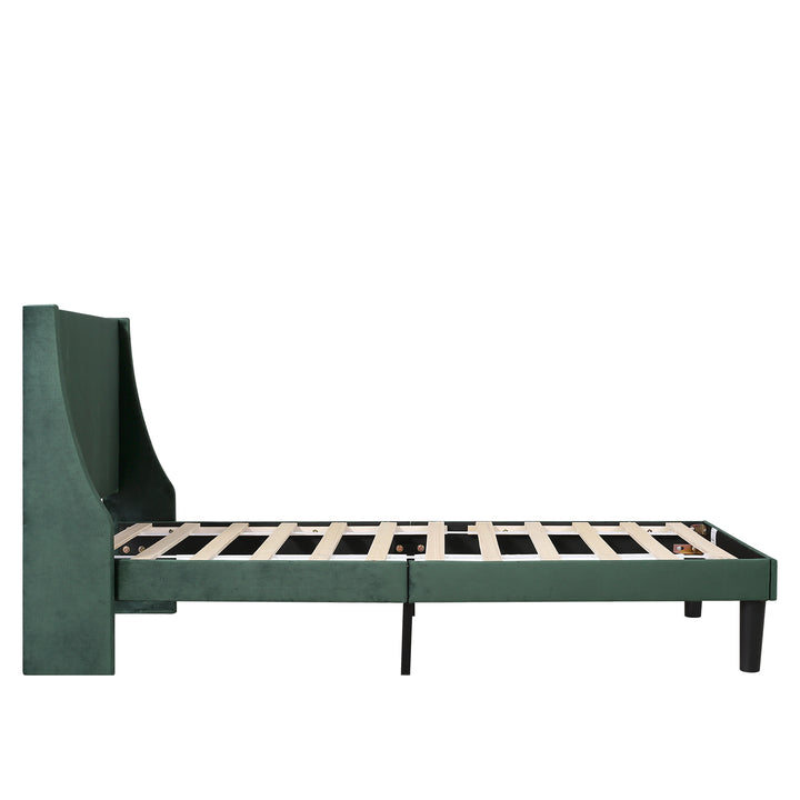 Single Bed Velvet Moss Green 3FT Upholstered Bed  with Winged Headboard, Wood Slat Support - Premium Beds, Frames &amp; Bases from Home Treasures - Just £170.20! Shop now at Home Treasures