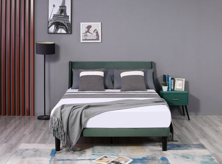 Double Bed Velvet Moss Green 4FT6 Upholstered Bed with Winged Headboard, Wood Slat Support - Premium Beds, Frames &amp; Bases from Home Treasures - Just £233.82! Shop now at Home Treasures