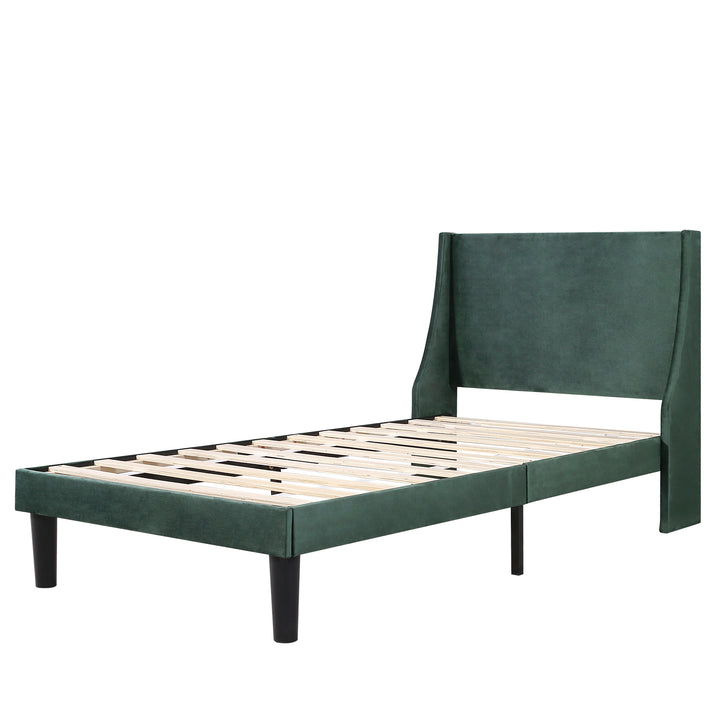 Single Bed Velvet Moss Green 3FT Upholstered Bed  with Winged Headboard, Wood Slat Support - Premium Beds, Frames &amp; Bases from Home Treasures - Just £170.20! Shop now at Home Treasures