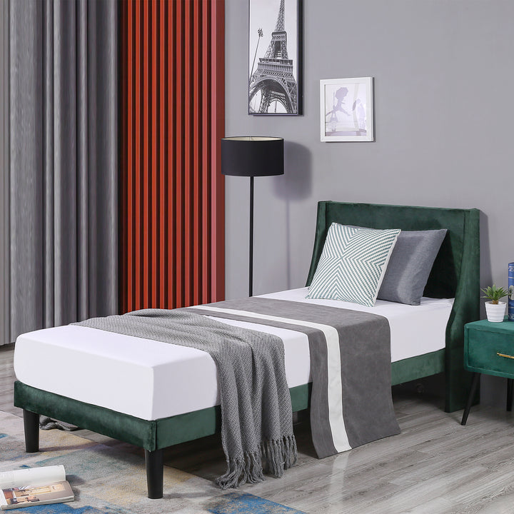 Single Bed Velvet Moss Green 3FT Upholstered Bed  with Winged Headboard, Wood Slat Support - Premium Beds, Frames &amp; Bases from Home Treasures - Just £170.20! Shop now at Home Treasures