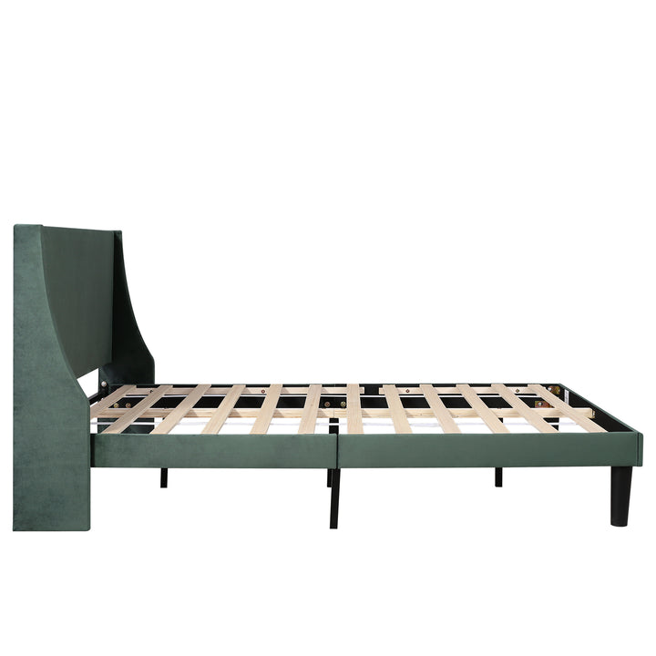 Double Bed Velvet Moss Green 4FT6 Upholstered Bed with Winged Headboard, Wood Slat Support - Premium Beds, Frames &amp; Bases from Home Treasures - Just £233.82! Shop now at Home Treasures