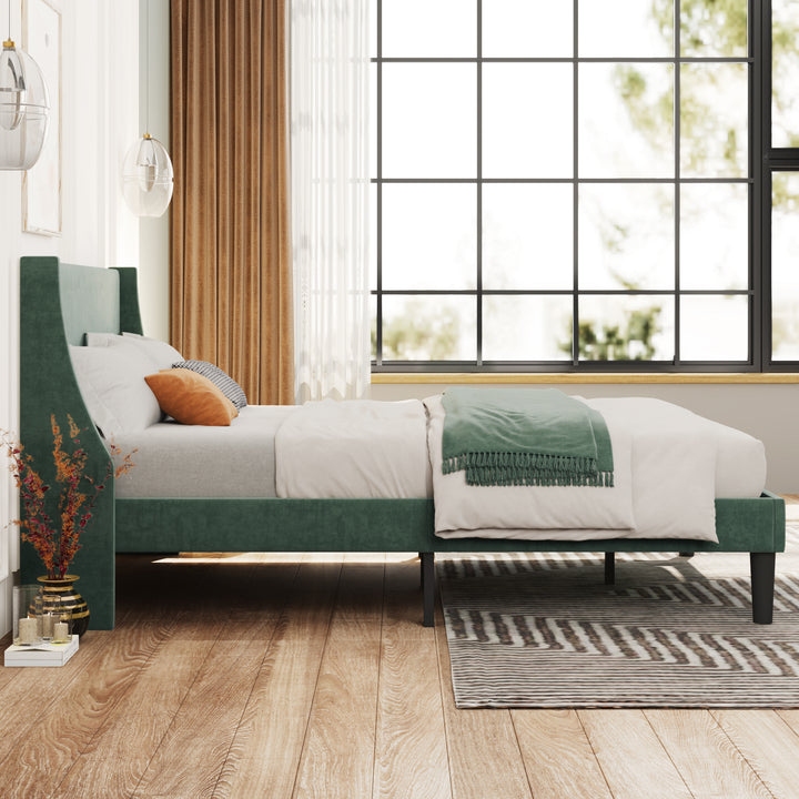 Single Bed Velvet Moss Green 3FT Upholstered Bed  with Winged Headboard, Wood Slat Support - Premium Beds, Frames &amp; Bases from Home Treasures - Just £170.20! Shop now at Home Treasures