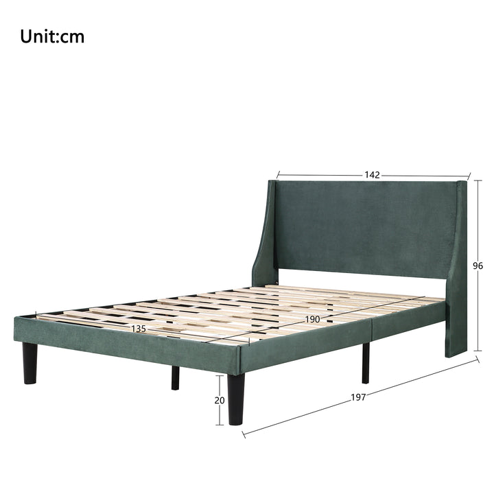 Double Bed Velvet Moss Green 4FT6 Upholstered Bed with Winged Headboard, Wood Slat Support - Premium Beds, Frames &amp; Bases from Home Treasures - Just £233.82! Shop now at Home Treasures