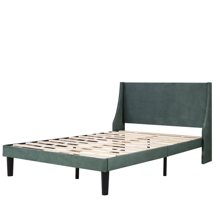 Double Bed Velvet Moss Green 4FT6 Upholstered Bed with Winged Headboard, Wood Slat Support - Premium Beds, Frames &amp; Bases from Home Treasures - Just £233.82! Shop now at Home Treasures