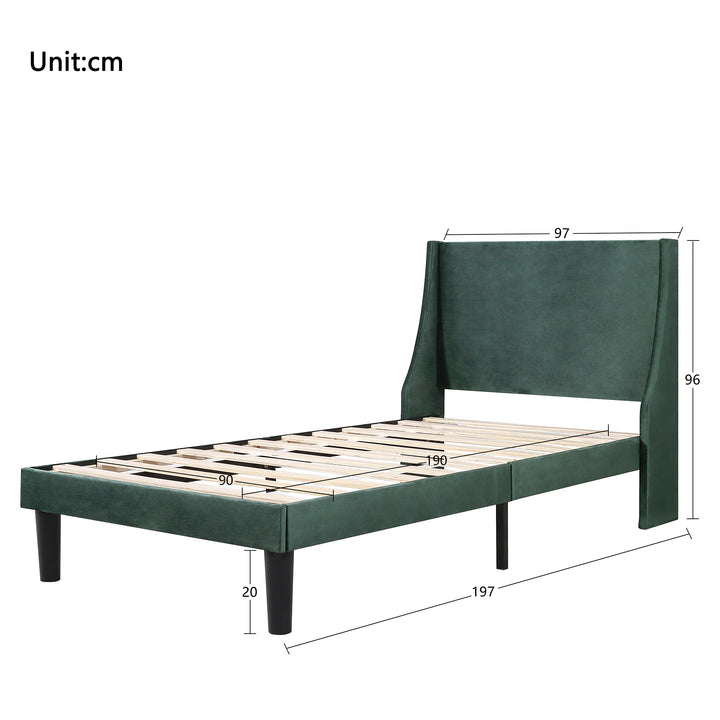 Single Bed Velvet Moss Green 3FT Upholstered Bed  with Winged Headboard, Wood Slat Support - Premium Beds, Frames &amp; Bases from Home Treasures - Just £170.20! Shop now at Home Treasures