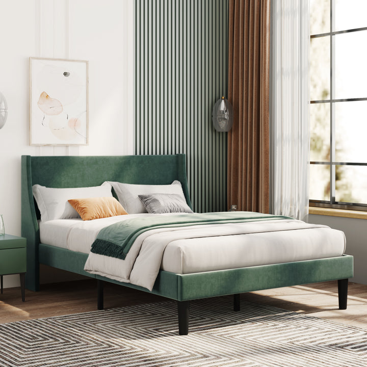 Double Bed Velvet Moss Green 4FT6 Upholstered Bed with Winged Headboard, Wood Slat Support - Premium Beds, Frames &amp; Bases from Home Treasures - Just £233.82! Shop now at Home Treasures