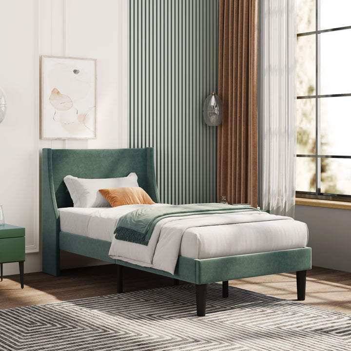 Single Bed Velvet Moss Green 3FT Upholstered Bed  with Winged Headboard, Wood Slat Support - Premium Beds, Frames &amp; Bases from Home Treasures - Just £170.20! Shop now at Home Treasures