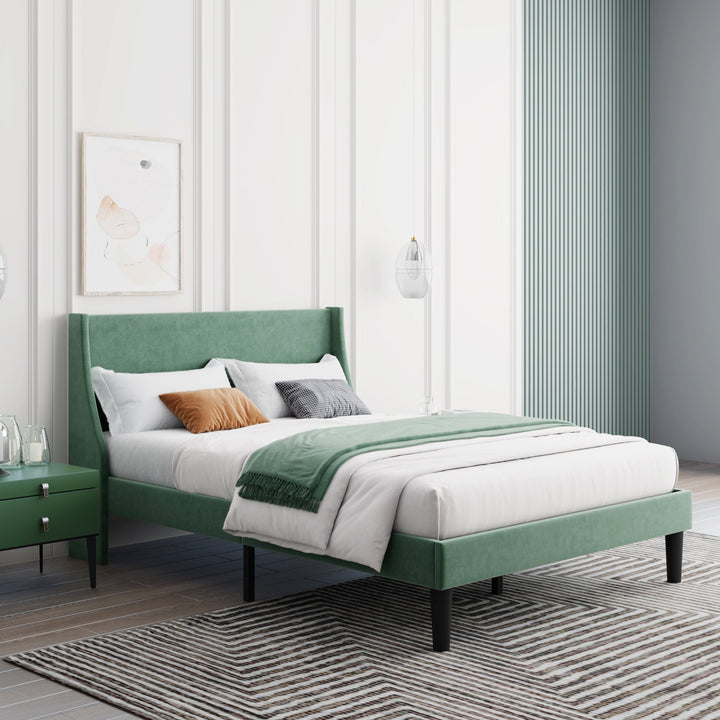 Double Bed Velvet Moss Green 4FT6 Upholstered Bed with Winged Headboard, Wood Slat Support - Premium Beds, Frames &amp; Bases from Home Treasures - Just £233.82! Shop now at Home Treasures