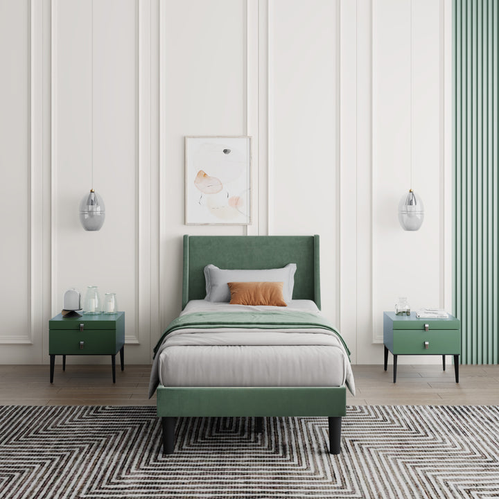 Single Bed Velvet Moss Green 3FT Upholstered Bed  with Winged Headboard, Wood Slat Support - Premium Beds, Frames &amp; Bases from Home Treasures - Just £170.20! Shop now at Home Treasures