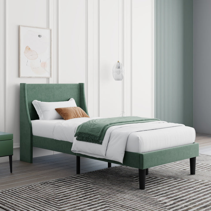 Single Bed Velvet Moss Green 3FT Upholstered Bed  with Winged Headboard, Wood Slat Support - Premium Beds, Frames &amp; Bases from Home Treasures - Just £170.20! Shop now at Home Treasures