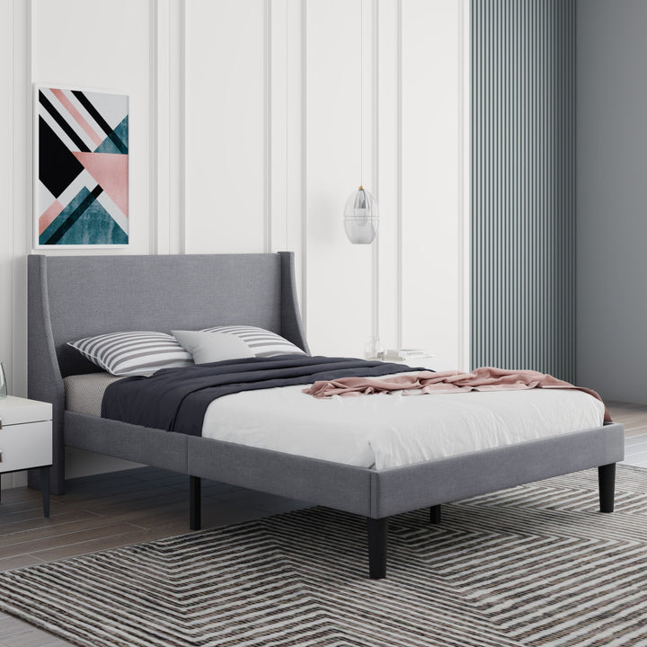 Soft Linen Double Bed in Grey - Upholstered Bed with Winged Headboard, Wood Slat Support - Premium Beds, Frames &amp; Bases from Home Treasures - Just £226.92! Shop now at Home Treasures