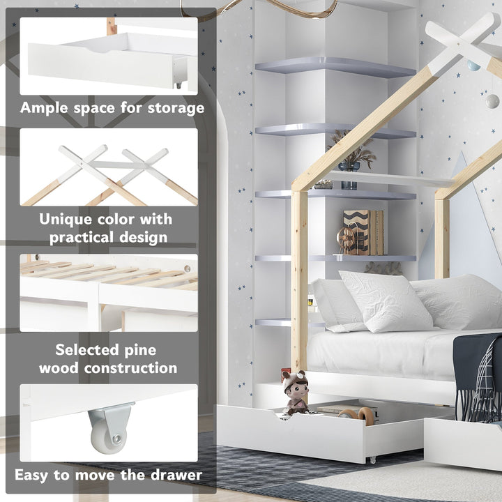 Wooden Single Cabin Bed, House Bed with Two Storage Drawers, Playhouse Bed with Roof for Children Girls and Boys, 190*90 in Natural and White, Easy Assembly - Premium Beds, Frames &amp; Bases from Home Treasures - Just £391.90! Shop now at Home Treasures