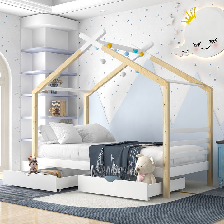 Wooden Single Cabin Bed, House Bed with Two Storage Drawers, Playhouse Bed with Roof for Children Girls and Boys, 190*90 in Natural and White, Easy Assembly - Premium Beds, Frames &amp; Bases from Home Treasures - Just £391.90! Shop now at Home Treasures