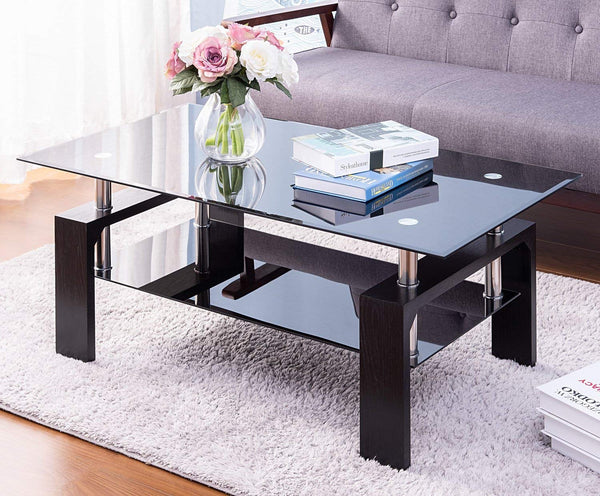 Leisure Zone ® Glass Living Room Coffee Table w/ Lower Shelf 100cm (Black) - Premium Primary Living Space from Home Treasures - Just £136.52! Shop now at Home Treasures