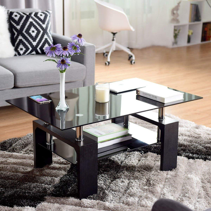 Leisure Zone ® Glass Living Room Coffee Table w/ Lower Shelf 100cm (Black) - Premium Primary Living Space from Home Treasures - Just £136.52! Shop now at Home Treasures